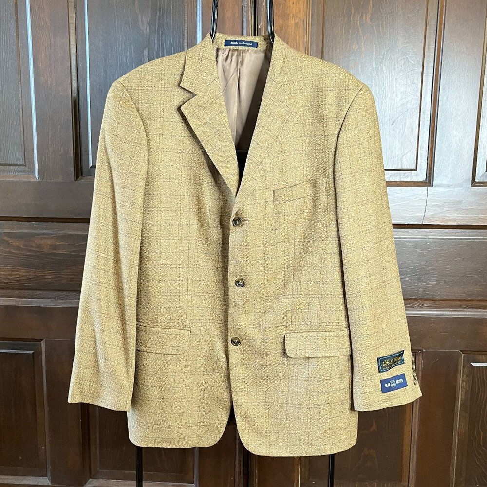 Alan Flusser Men's 40R Silk Wool Blazer Jacket Brown/Tan Windowpane Plaid NWT